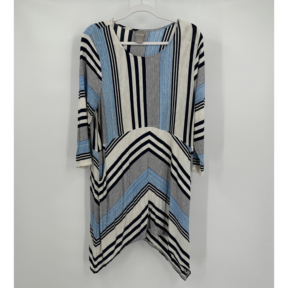 Chicos Womens Nautical Sharkbite Tunic Top Size 2 US L Striped Asymmetrical